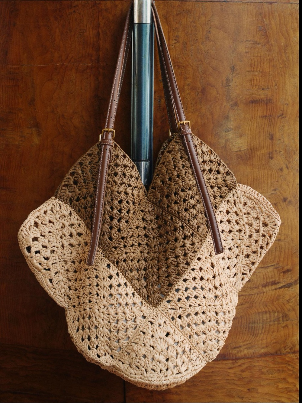 Zara Two-Tone Brown Crochet Tote Bag with Leather Straps